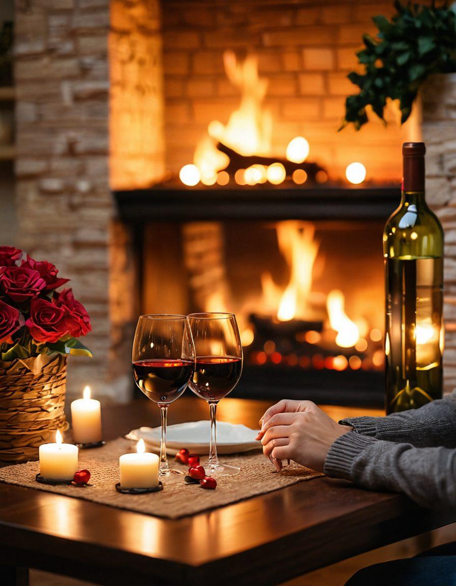 A cozy, intimate scene featuring a couple sharing a warm embrace by a glowing fireplace, surrounded by soft candlelight and heart-shaped decorations. The background includes a romantic table setting with a bottle of wine and two glasses, while the ambiance is filled with light, warmth, and a sense of deep connection. Enhance the mood with a dreamy, soft focus effect. super-realistic. warm colors. soft lighting.