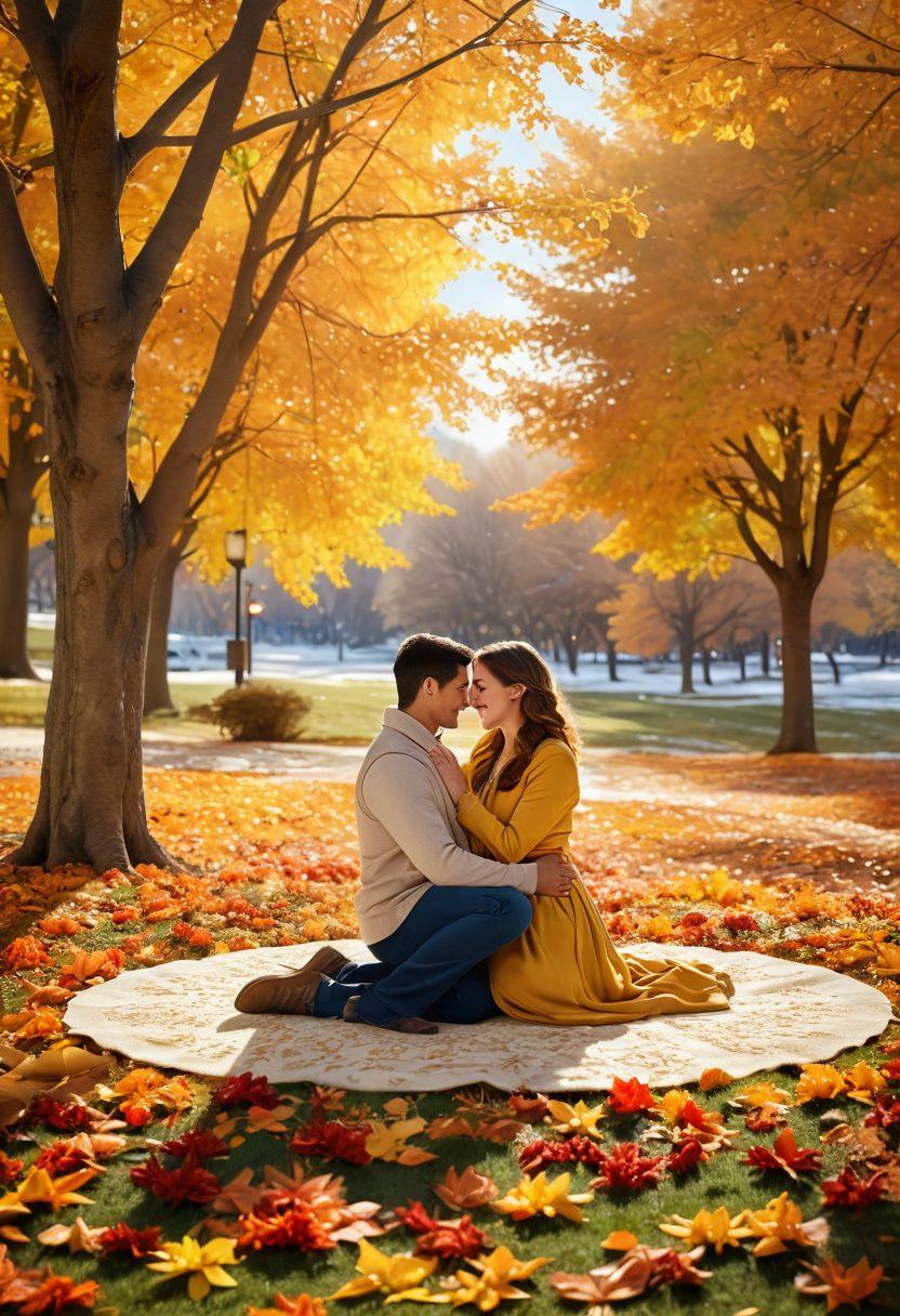 A romantic landscape showcasing couples in various seasonal settings, each pair displaying affection and devotion through intimate gestures. The background transitions from a sunlit spring bloom to a golden autumn leaf carpet, with hints of snowy winter and bright summer skies. Include elements like flowers, falling leaves, and snowflakes to symbolize the changing seasons. super-realistic. vibrant colors. soft focus.