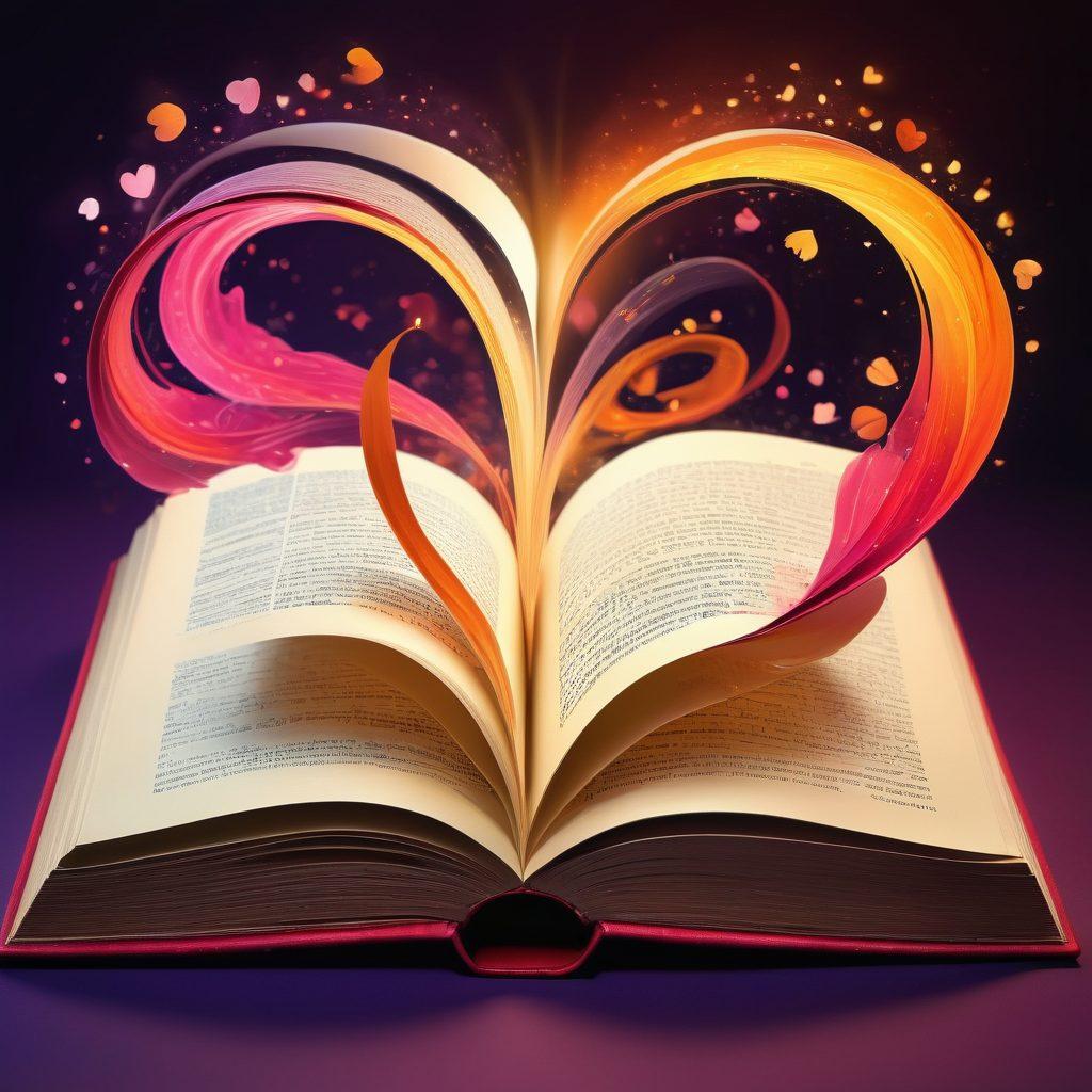 A beautifully illustrated open book, with swirling pages that transition from romantic love stories on one side to passionate advice on the other. The background should display soft, flowing hearts and swirls of vibrant colors, symbolizing lovelorn emotions and wisdom alike. A warm glow illuminates the book, inviting readers to dive into the world of romance every day. whimsical, vibrant colors, super-realistic.